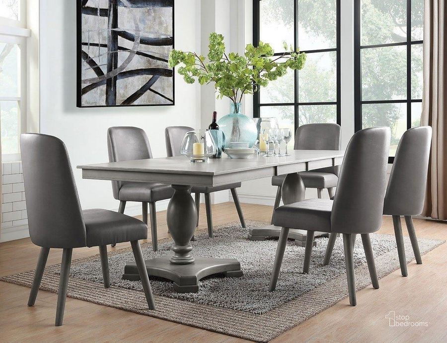 The appearance of Waylon Rectangular Dining Room Set designed by ACME in the transitional interior design. This gray oak piece of furniture  was selected by 1StopBedrooms from Waylon Collection to add a touch of cosiness and style into your home. Sku: 72200T;72201ST;72202. Table Base Style: Double Pedestal. Material: Wood. Product Type: Dining Room Set. Table Top Shape: Rectangular. Size: 42". Image1