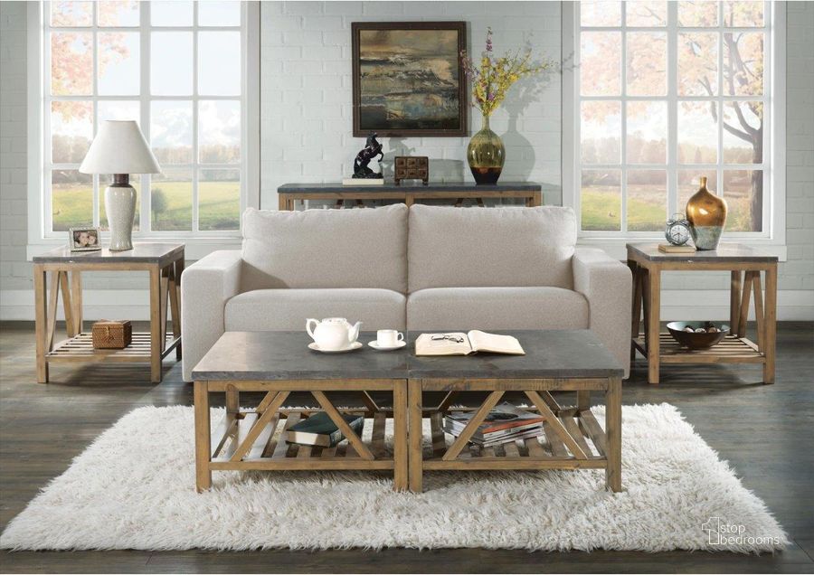The appearance of Weatherford Bluestone and Reclaimed Natural Pine Bunching Occasional Table Set designed by Riverside Furniture in the modern / contemporary interior design. This brown and gray piece of furniture  was selected by 1StopBedrooms from Weatherford Collection to add a touch of cosiness and style into your home. Sku: 16503;16504;16509;16510. Product Type: Occasional Table Set. Image1