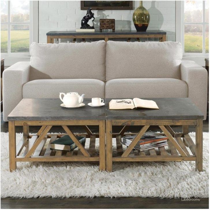The appearance of Weatherford Bluestone Cocktail Table designed by Riverside Furniture in the transitional interior design. This brown and gray piece of furniture  was selected by 1StopBedrooms from Weatherford Collection to add a touch of cosiness and style into your home. Sku: 16503;16504. Product Type: Cocktail Table. Image1