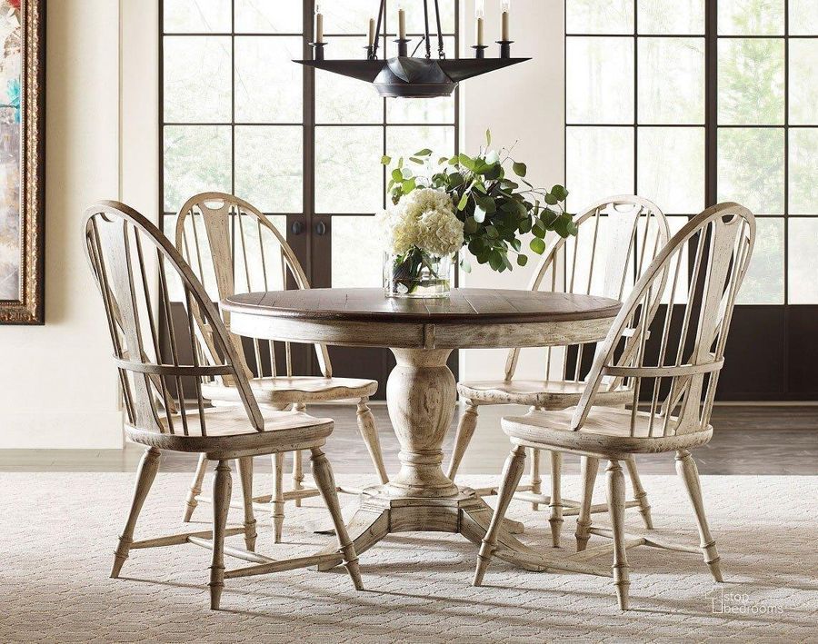 The appearance of Weatherford Milford Dining Room Set With Baylis Chairs (Cornsilk) designed by Kincaid in the traditional interior design. This white piece of furniture  was selected by 1StopBedrooms from Weatherford Collection to add a touch of cosiness and style into your home. Sku: 75-052P;75-063. Table Base Style: Pedestal. Table Top Shape: Round. Material: Wood. Product Type: Dining Room Set. Image1