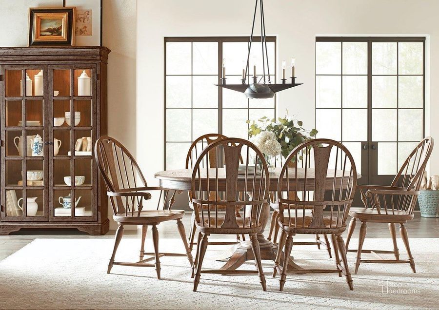 The appearance of Weatherford Milford Dining Room Set With Baylis Chairs (Grey Heather) designed by Kincaid in the traditional interior design. This grey heather piece of furniture  was selected by 1StopBedrooms from Weatherford Collection to add a touch of cosiness and style into your home. Sku: 76-052P;76-063. Table Base Style: Pedestal. Table Top Shape: Round. Material: Wood. Product Type: Dining Room Set. Image1