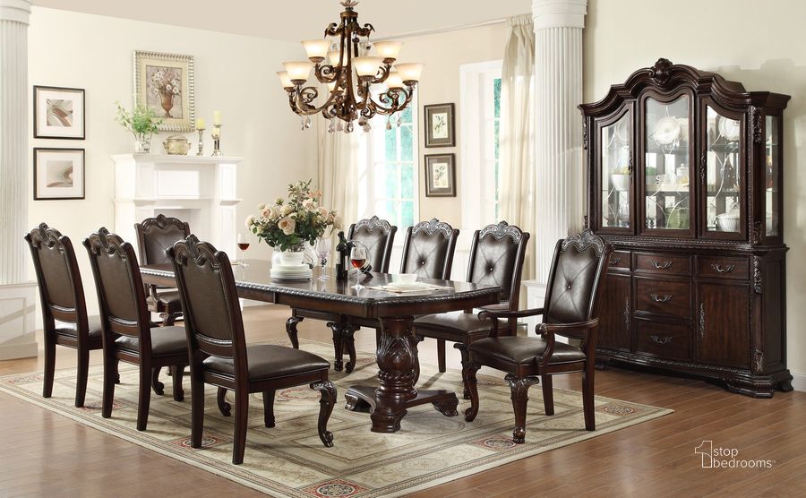 The appearance of Crown Mark Kiera 7pc Double Pedestal Dining Set in Rich Brown designed by Crown Mark in the traditional interior design. This brown piece of furniture  was selected by 1StopBedrooms from Kiera Collection to add a touch of cosiness and style into your home. Sku: 2150T-44108-TOP;2150T-44108-LEG;2150S;2150A. Table Top Style: Wood. Material: Wood. Product Type: Dining Room Set. Table Top Shape: Rectangular. Image1