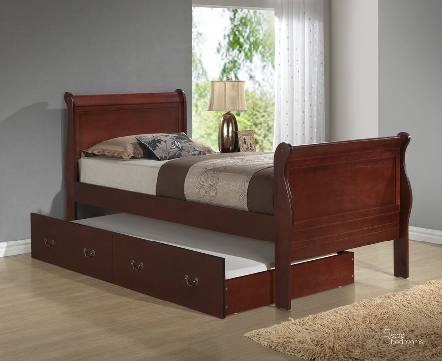 The appearance of Glory Furniture G3100 Twin Trundle Bed in Cherry designed by Glory in the traditional interior design. This cherry piece of furniture  was selected by 1StopBedrooms from G3100 Collection to add a touch of cosiness and style into your home. Sku: G3100G-TTB-Twin Trundle Bed Headboard & Footboard;G3100G-TTB-Twin Trundle Bed Rails;G3100G-TTB-Trundle Bed Frame for Full/Twin;G3100G-TTB-Trundle Bed Boards For Full/Twin. Bed Type: Sleigh Bed. Material: Wood. Product Type: Sleigh Bed. Bed Size: Twin. Image1