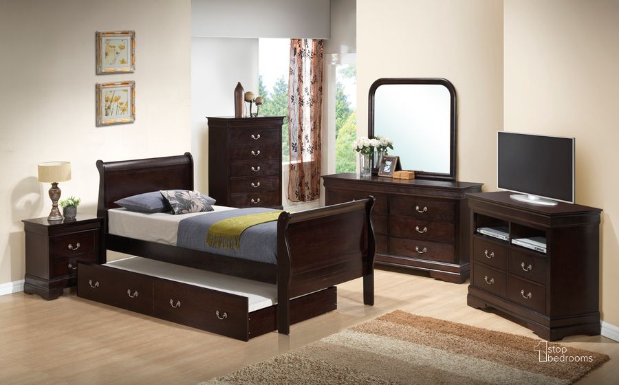 The appearance of Glory Furniture G3125 Trundle Bedroom Set in Cappuccino designed by Glory in the traditional interior design. This cappuccino piece of furniture  was selected by 1StopBedrooms from G3125 Collection to add a touch of cosiness and style into your home. Sku: G3125G-TTB-Twin Trundle Bed Headboard & Footboard;G3125G-TTB-Twin Trundle Bed Rails;G3125G-TTB-Trundle Bed Frame for Full/Twin;G3125G-TTB-Trundle Bed Boards For Full/Twin;G3125-N-Nightstand. Material: Wood. Bed Size: Twin. Product Type: Trundle Bed. Image1