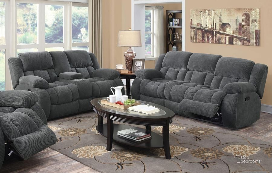 The appearance of Weissman Charcoal Reclining Living Room Set designed by Coaster in the transitional interior design. This gray piece of furniture  was selected by 1StopBedrooms from Weissman Collection to add a touch of cosiness and style into your home. Sku: 601921;601922. Product Type: Living Room Set. Material: Chenille. Image1