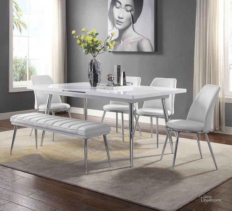 The appearance of Weizor Dining Room Set designed by ACME in the modern / contemporary interior design. This white piece of furniture  was selected by 1StopBedrooms from Weizor Collection to add a touch of cosiness and style into your home. Sku: 77150T;77151ST;77152. Table Base Style: Legs. Material: Wood. Product Type: Dining Room Set. Table Top Shape: Rectangular. Size: 42". Image1