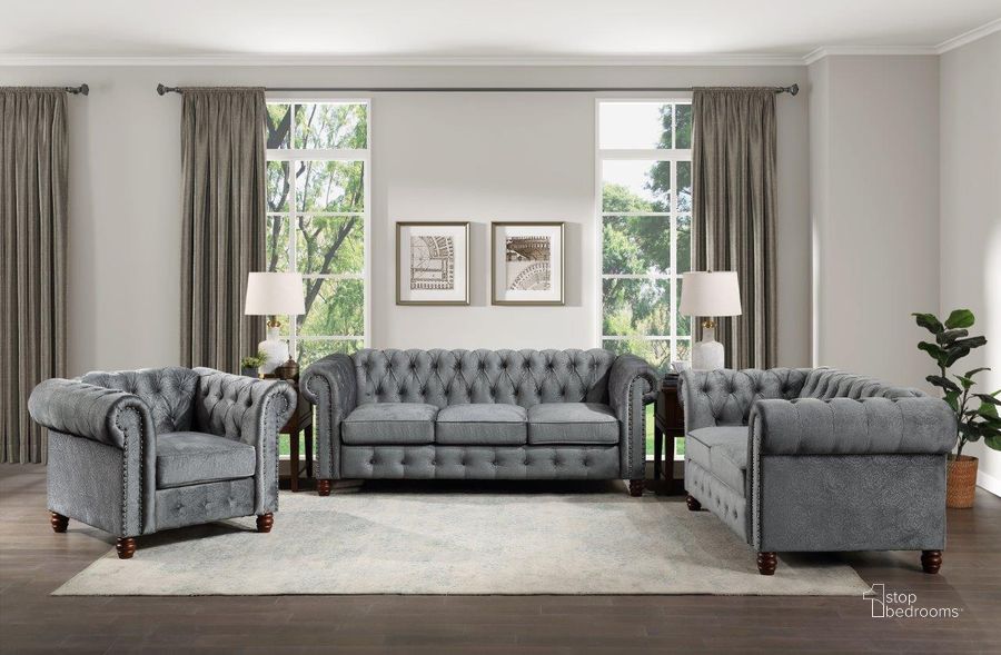 The appearance of Welwyn Dark Gray Velvet Living Room Set designed by Homelegance in the modern / contemporary interior design. This gray piece of furniture  was selected by 1StopBedrooms from Welwyn Collection to add a touch of cosiness and style into your home. Sku: 9326DG-3;9326DG-2. Material: Wood. Product Type: Living Room Set. Image1
