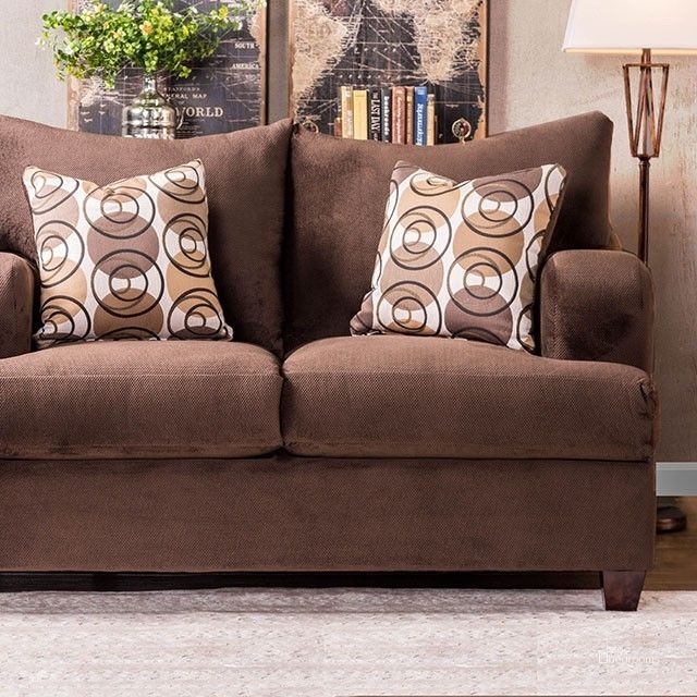The appearance of Wessington Chocolate Loveseat designed by Furniture of America in the transitional interior design. This brown piece of furniture  was selected by 1StopBedrooms from Wessington Collection to add a touch of cosiness and style into your home. Sku: SM6131-LV. Material: Fabric. Product Type: Loveseat. Image1