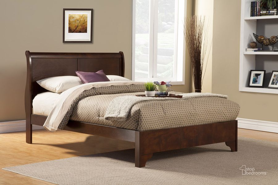 The appearance of West Haven Cappuccino King Sleigh Bed designed by Alpine in the transitional interior design. This brown piece of furniture  was selected by 1StopBedrooms from West Haven Collection to add a touch of cosiness and style into your home. Sku: 2200EK. Bed Type: Sleigh Bed. Product Type: Sleigh Bed. Bed Size: King. Material: Rubberwood. Image1