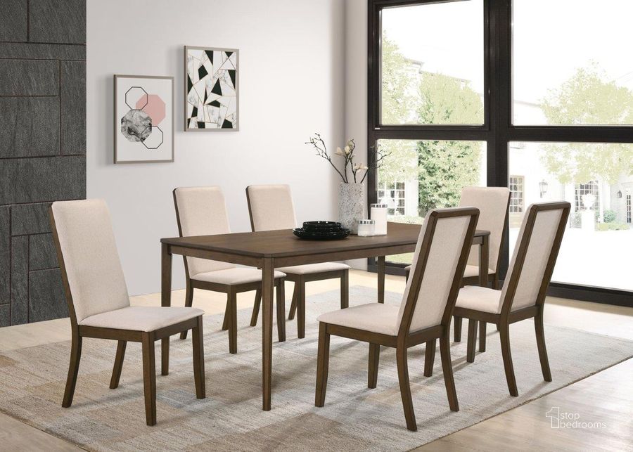 The appearance of Wethersfield Medium Walnut Dining Room Set designed by Coaster in the transitional interior design. This brown piece of furniture  was selected by 1StopBedrooms from Wethersfield Collection to add a touch of cosiness and style into your home. Sku: 109841;109842. Table Base Style: Legs. Product Type: Dining Room Set. Material: MDF. Table Top Shape: Rectangular. Size: 36". Image1