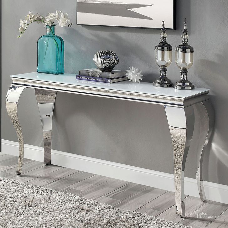 The appearance of Wetzikon Sofa Table In White and Silver designed by Furniture of America in the glam interior design. This white/silver piece of furniture  was selected by 1StopBedrooms from Wetzikon Collection to add a touch of cosiness and style into your home. Sku: CM4903WH-S-1;CM4903S-2;CM4903S-3. Material: Metal. Product Type: Sofa Table. Image1