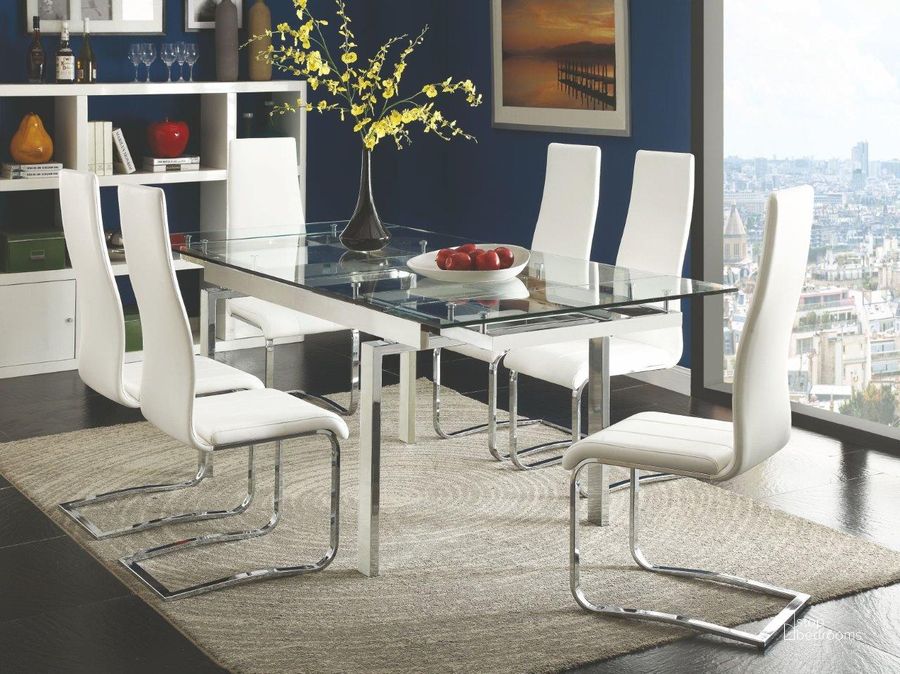 The appearance of Wexford Chrome Extendable Dining Room Set designed by Coaster in the modern / contemporary interior design. This white piece of furniture  was selected by 1StopBedrooms from Wexford Collection to add a touch of cosiness and style into your home. Sku: 106281;100515WHT. Table Base Style: Legs. Material: Glass. Product Type: Dining Room Set. Table Top Shape: Rectangular. Image1