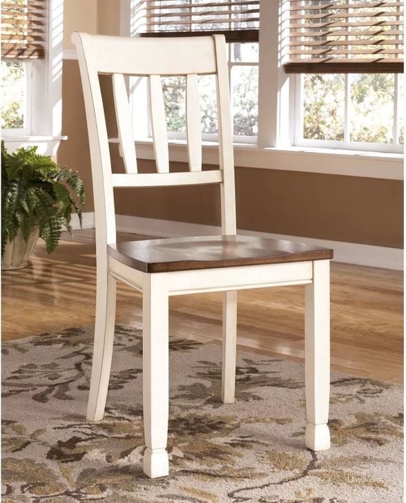 The appearance of Whitesburg Slat Back Side Chair Set of 2 designed by Signature Design by Ashley in the transitional interior design. This brown/cottage white piece of furniture  was selected by 1StopBedrooms from Whitesburg Collection to add a touch of cosiness and style into your home. Sku: D583-02. Material: Wood. Product Type: Side Chair. Image1
