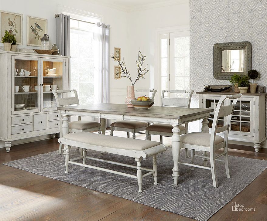 The appearance of Whitney Leg Dining Room Set w/ Bench designed by Liberty in the traditional interior design. This weathered gray piece of furniture  was selected by 1StopBedrooms from Whitney Collection to add a touch of cosiness and style into your home. Sku: 661W-T4074;661W-C1501S;661W-C9001B. Table Base Style: Legs. Material: Wood. Product Type: Dining Room Set. Table Top Shape: Rectangular. Image1