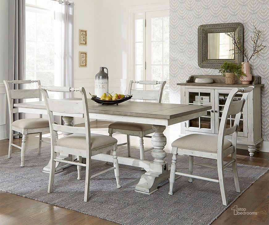The appearance of Whitney Trestle Dining Room Set designed by Liberty in the traditional interior design. This weathered gray piece of furniture  was selected by 1StopBedrooms from Whitney Collection to add a touch of cosiness and style into your home. Sku: 661W-P4294;661W-T4294;661W-C1501S. Table Base Style: Trestle. Material: Wood. Product Type: Dining Room Set. Table Top Shape: Rectangular. Image1