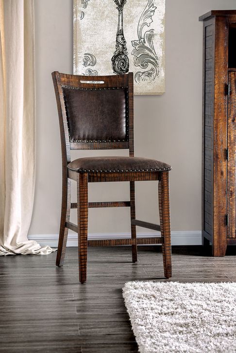 The appearance of Wichita Counter Height Chair Set of 2 In Distressed Dark Oak designed by Furniture of America in the rustic / southwestern interior design. This dark oak piece of furniture  was selected by 1StopBedrooms from Wichita Collection to add a touch of cosiness and style into your home. Sku: CM3061PC-2PK. Material: Wood. Product Type: Counter Height Chair. Image1