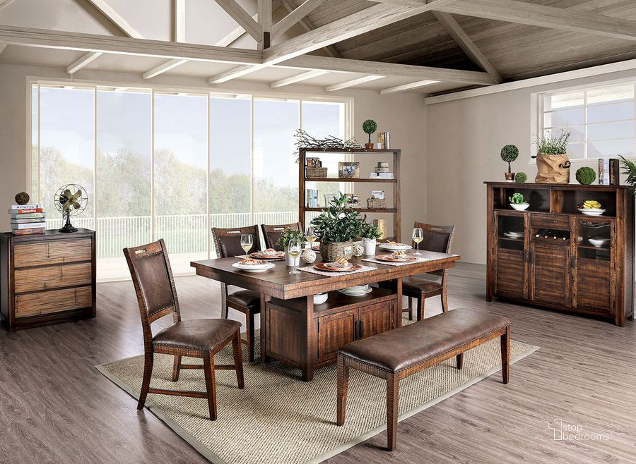 The appearance of Wichita Dining Table In Distressed Dark Oak designed by Furniture of America in the rustic / southwestern interior design. This dark oak piece of furniture  was selected by 1StopBedrooms from Wichita Collection to add a touch of cosiness and style into your home. Sku: CM3061T. Table Base Style: Storage. Material: Wood. Product Type: Dining Table. Table Top Shape: Rectangular. Size: 42.