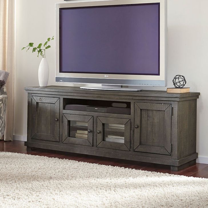 The appearance of Willow Distressed Dark Gray 74 Inch Console designed by Progressive Furniture in the transitional interior design. This gray piece of furniture  was selected by 1StopBedrooms from Willow Collection to add a touch of cosiness and style into your home. Sku: P600E-74. Material: Wood. Product Type: TV Stands and TV Console. Image1