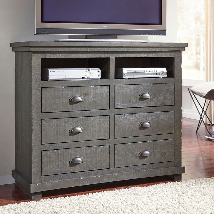 The appearance of Willow Distressed Dark Gray Media Chest designed by Progressive Furniture in the transitional interior design. This dark gray piece of furniture  was selected by 1StopBedrooms from Willow Collection to add a touch of cosiness and style into your home. Sku: P600-46. Product Type: Media Chest. Material: Pine. Image1