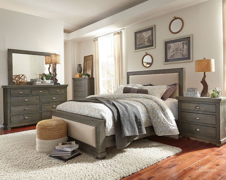 The appearance of Willow Distressed Dark Gray Upholstered Bedroom Set designed by Progressive Furniture in the transitional interior design. This gray piece of furniture  was selected by 1StopBedrooms from Willow Collection to add a touch of cosiness and style into your home. Sku: P600-34;P600-35;P600-78;P600-43. Bed Type: Panel Bed. Product Type: Panel Bed. Bed Size: Queen. Material: Pine. Image1