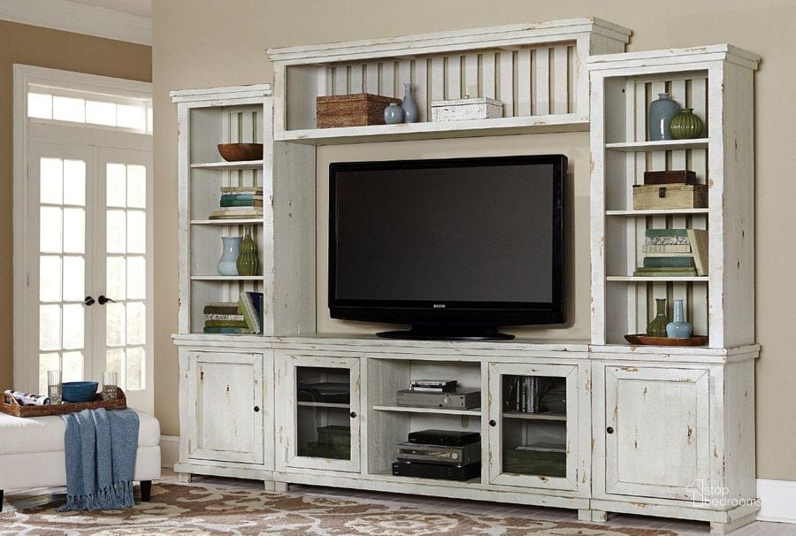The appearance of Willow Distressed White Entertainment Wall Unit designed by Progressive Furniture in the transitional interior design. This white piece of furniture  was selected by 1StopBedrooms from Willow Collection to add a touch of cosiness and style into your home. Sku: P610E-20;P610E-22;P610E-68;P610E-90. Product Type: Entertainment Centers and Wall. Image1