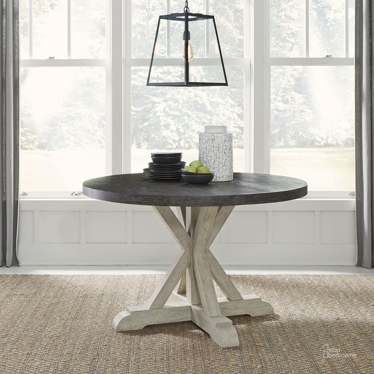 The appearance of Willowrun Pedestal Table Set In Rustic White With Weathered Gray Top designed by Liberty in the traditional interior design. This gray piece of furniture  was selected by 1StopBedrooms from Willowrun Collection to add a touch of cosiness and style into your home. Sku: 619-P4848;619-T4848. Table Base Style: Pedestal. Table Top Shape: Round. Product Type: Pedestal Table. Material: Rubberwood. Image1