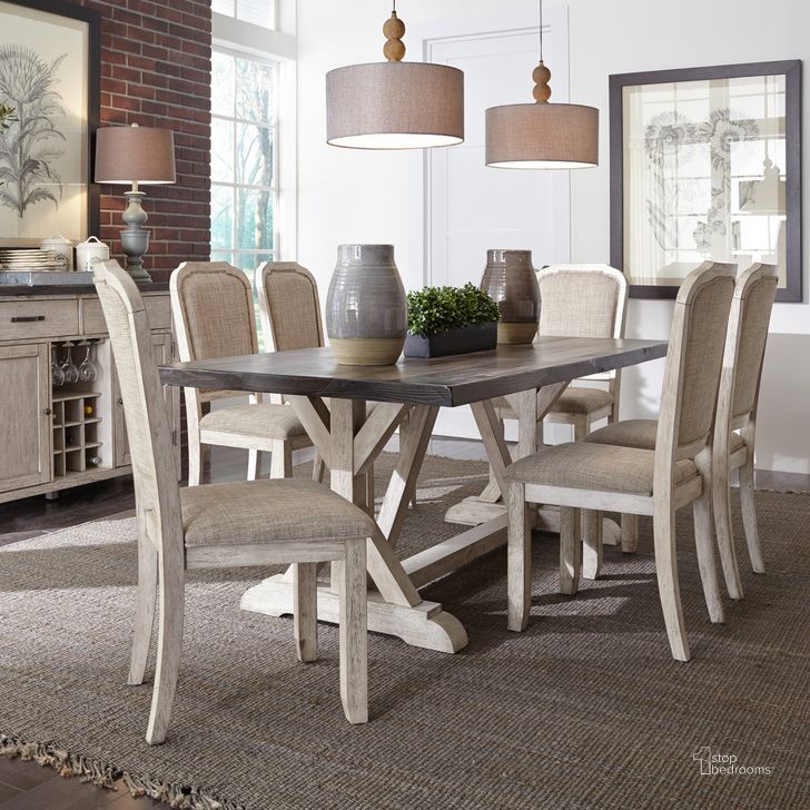 The appearance of Willowrun Rustic White Trestle Dining Room Set designed by Liberty in the modern / contemporary interior design. This white piece of furniture  was selected by 1StopBedrooms from Willowrun Collection to add a touch of cosiness and style into your home. Sku: 619-T3878;619-C6501S. Table Base Style: Trestle. Material: Wood. Product Type: Dining Room Set. Table Top Shape: Rectangular. Image1