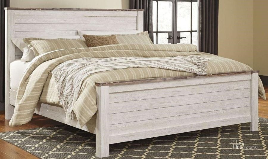The appearance of Willowton Whitewash Cal. King Panel Bed designed by Signature Design by Ashley in the transitional interior design. This white wash piece of furniture  was selected by 1StopBedrooms from Willowton Collection to add a touch of cosiness and style into your home. Sku: B267-56;B267-58;B267-94. Bed Type: Panel Bed. Material: Wood. Product Type: Panel Bed. Bed Size: California King. Image1