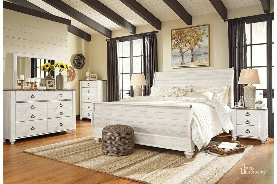 The appearance of Willowton Sleigh Bedroom Set In Washed White designed by Signature Design by Ashley in the transitional interior design. This washed white piece of furniture  was selected by 1StopBedrooms from Willowton Collection to add a touch of cosiness and style into your home. Sku: B267-74;B267-77;B267-96;B267-92. Bed Type: Sleigh Bed. Material: Wood. Product Type: Bedroom Set. Bed Size: Queen. Image1
