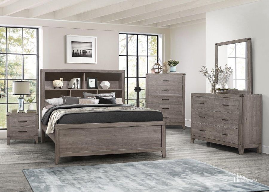 The appearance of Woodrow Brownish Gray Platform Bookcase Bedroom Set designed by Homelegance in the transitional interior design. This brown piece of furniture  was selected by 1StopBedrooms from Woodrow Collection to add a touch of cosiness and style into your home. Sku: 2042NB-1;2042NB-2;2042NB-3;2042-4. Bed Type: Platform Bed. Material: Wood. Product Type: Platform Bed. Bed Size: Queen. Image1