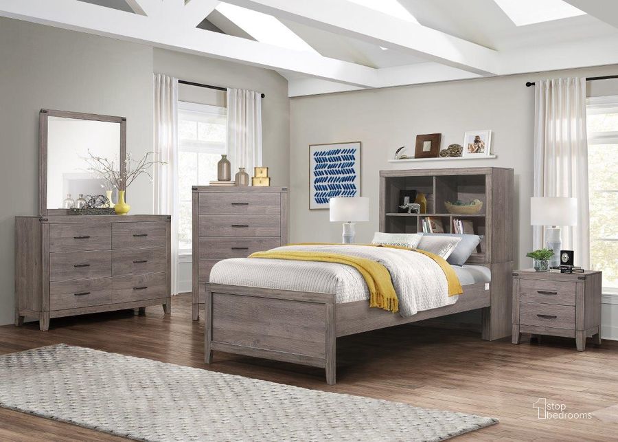 The appearance of Woodrow Brownish Gray Youth Platform Bookcase Bedroom Set designed by Homelegance in the transitional interior design. This brown piece of furniture  was selected by 1StopBedrooms from Woodrow Collection to add a touch of cosiness and style into your home. Sku: 2042NBT-1;2042NBT-2;2042NBT-3;2042-4. Bed Type: Platform Bed. Material: Wood. Product Type: Platform Bed. Bed Size: Twin. Image1
