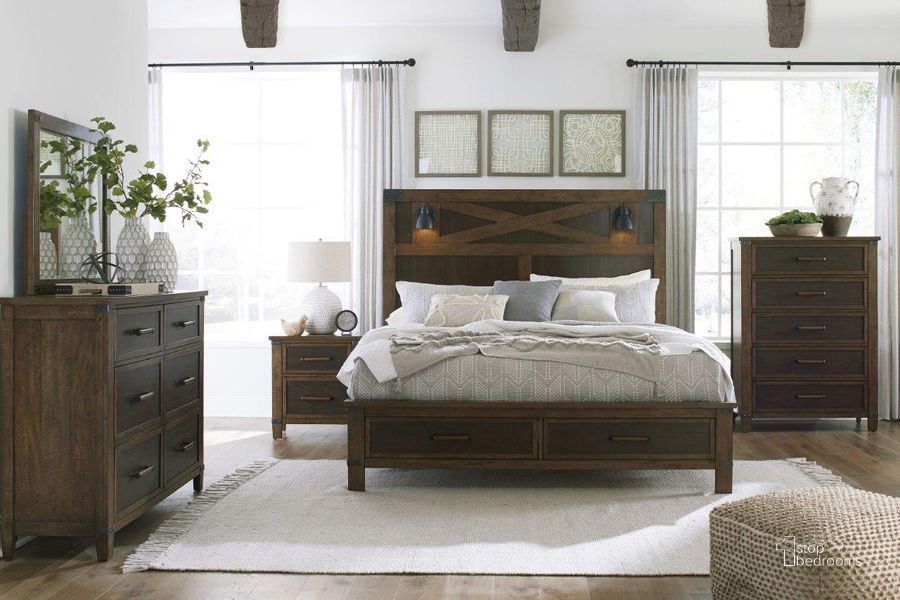The appearance of Wyattfield Brown Storage Panel Bedroom Set designed by Signature Design by Ashley in the transitional interior design. This two-tone piece of furniture  was selected by 1StopBedrooms from Wyattfield Collection to add a touch of cosiness and style into your home. Sku: B759-54S;B759-57;B759-96;B759-92. Bed Type: Storage Bed. Material: Wood. Product Type: Storage Bed. Bed Size: Queen. Image1