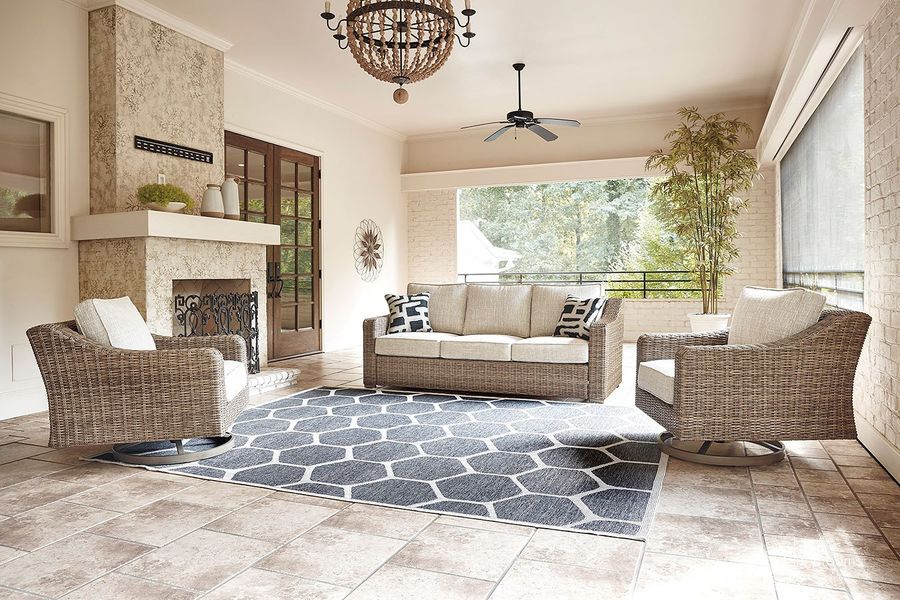The appearance of Wyona Beige Outdoor Conversation Set 0qd24382815 designed by Isaac Tahari in the coastal interior design. This beige piece of furniture  was selected by 1StopBedrooms from Wyona Collection to add a touch of cosiness and style into your home. Sku: P791-838;P791-821. Material: Fabric. Product Type: Outdoor Conversation Set. Image1
