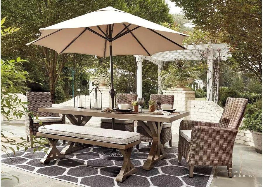 The appearance of Wyona Beige Outdoor Dining Table designed by Isaac Tahari in the transitional interior design. This beige piece of furniture  was selected by 1StopBedrooms from Wyona Collection to add a touch of cosiness and style into your home. Sku: P791-625. Material: Fabric. Table Top Shape: Rectangular. Product Type: Outdoor Dining Table. Size: 42". Image1