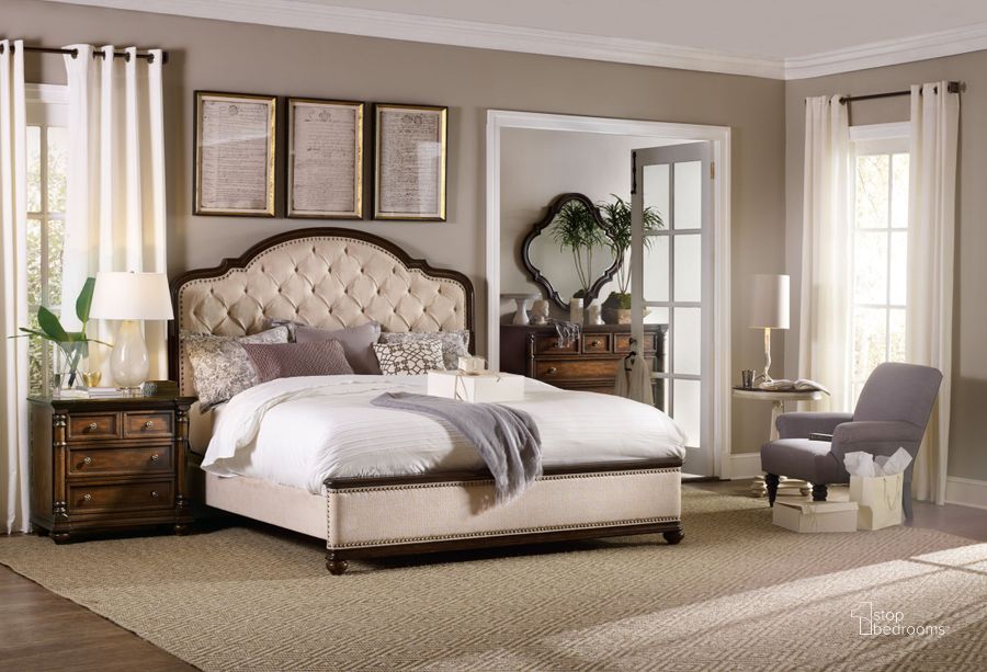 The appearance of Leesburg Beige Upholstered Bedroom Set designed by Hooker in the traditional interior design. This beige piece of furniture  was selected by 1StopBedrooms from Leesburg Collection to add a touch of cosiness and style into your home. Sku: 5381-90851;5381-90852;5381-90853;5381-90016. Bed Type: Panel Bed. Material: Wood. Product Type: Panel Bed. Bed Size: Queen. Image1