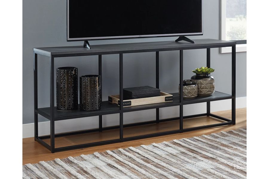 The appearance of Yarlow Black 65 Inch Small TV Stand designed by Signature Design by Ashley in the transitional interior design. This black piece of furniture  was selected by 1StopBedrooms from Yarlow Collection to add a touch of cosiness and style into your home. Sku: W215-10. Material: Metal. Product Type: TV Stands and TV Console. Image1
