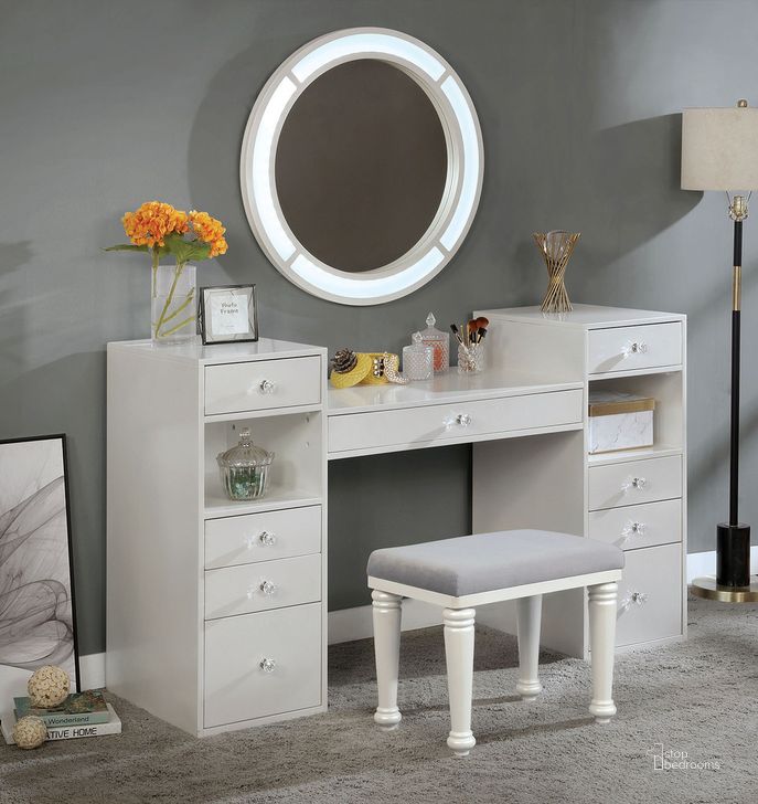 The appearance of Yasmine Vanity Set In White designed by Furniture of America in the glam interior design. This white piece of furniture  was selected by 1StopBedrooms from Yasmine Collection to add a touch of cosiness and style into your home. Sku: FOA-DK5683WH-1;FOA-DK5683WH-2;FOA-DK5683WH-3;FOA-DK5683WH-4. Material: Wood. Product Type: Vanity Set. Image1