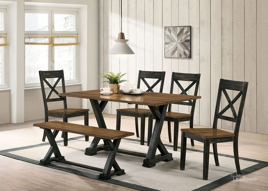 The appearance of Yensley Dining Table With 2 X 9 Inch Leaves In Antique Oak and Antique Black designed by Furniture of America in the rustic / southwestern interior design. This antique oak and antique black piece of furniture  was selected by 1StopBedrooms from Yensley Collection to add a touch of cosiness and style into your home. Sku: CM3167A-T. Table Base Style: Trestle. Material: Wood. Product Type: Dining Table. Table Top Shape: Rectangular. Image1