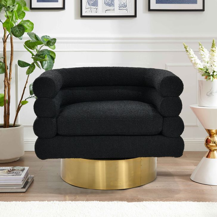 The appearance of Yuni Boucle Fabric Swivel Arm Chair In Black designed by Best Master Furniture in the modern / contemporary interior design. This black piece of furniture  was selected by 1StopBedrooms from Yuni Collection to add a touch of cosiness and style into your home. Sku: 637BSCG. Material: Metal. Product Type: Accent Chair. Image1
