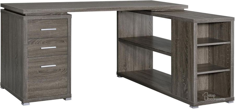 The appearance of Yvette Weathered Grey L-Shape Desk designed by Coaster in the modern / contemporary interior design. This gray piece of furniture  was selected by 1StopBedrooms from Yvette Collection to add a touch of cosiness and style into your home. Sku: 800518. Material: Wood. Product Type: Desk. Image1