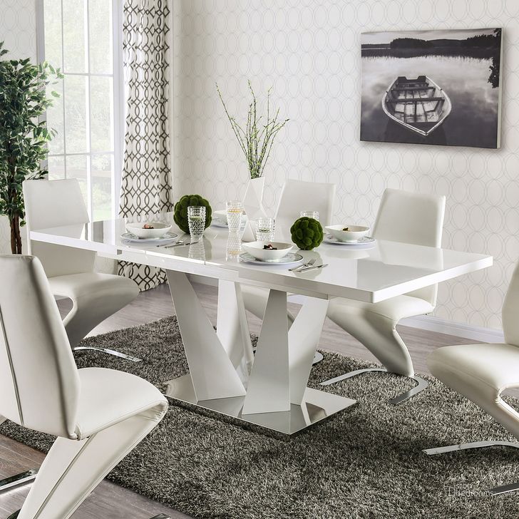 The appearance of Zain Dining Table In White and Chrome designed by Furniture of America in the modern / contemporary interior design. This white and chrome piece of furniture  was selected by 1StopBedrooms from Zain Collection to add a touch of cosiness and style into your home. Sku: FOA3742T-1;FOA3742T-2;FOA3742T-3. Table Base Style: Double Pedestal. Material: Metal. Product Type: Dining Table. Table Top Shape: Rectangular. Size: 42". Image1