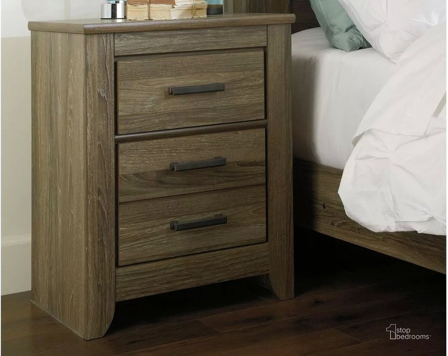 The appearance of Zelen Two Drawer Nightstand designed by Signature Design by Ashley in the transitional interior design. This warm gray piece of furniture  was selected by 1StopBedrooms from Zelen Collection to add a touch of cosiness and style into your home. Sku: B248-92. Material: Wood. Product Type: Nightstand. Image1