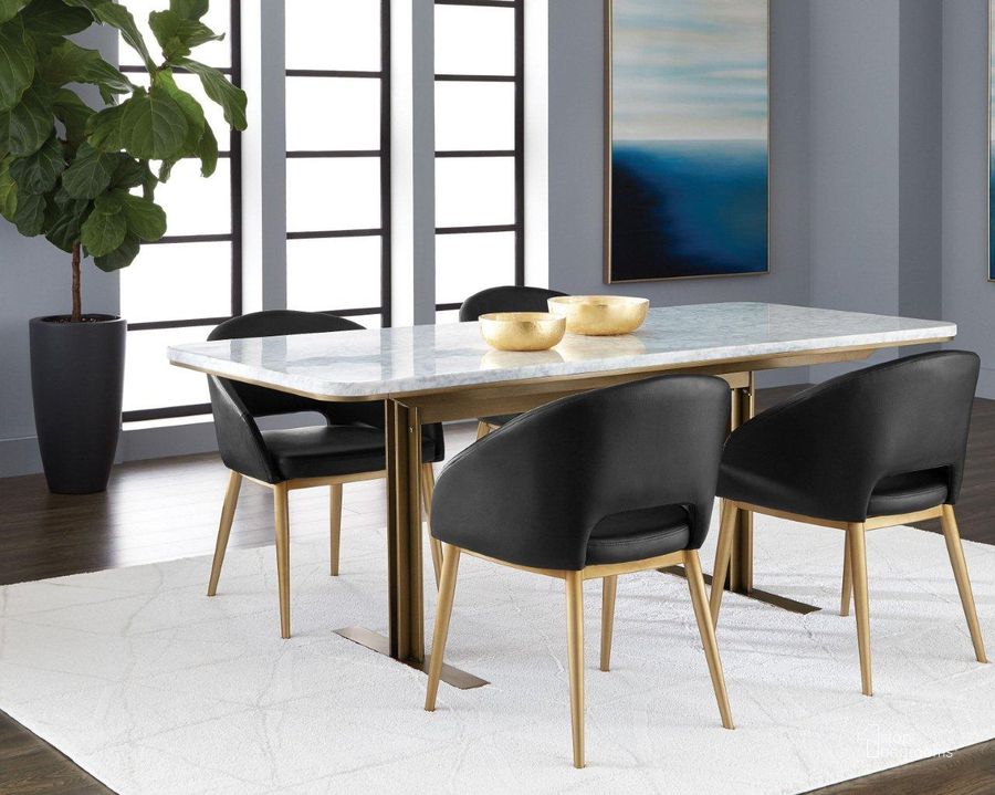 The appearance of Zenn Ambrosia Antique Brass 79" Dining Room Set designed by Sunpan in the modern / contemporary interior design. This white piece of furniture  was selected by 1StopBedrooms from Zenn Collection to add a touch of cosiness and style into your home. Sku: 102546;102797. Table Base Style: Double Pedestal. Material: Marble. Product Type: Dining Room Set. Table Top Shape: Rectangular. Size: 79". Image1