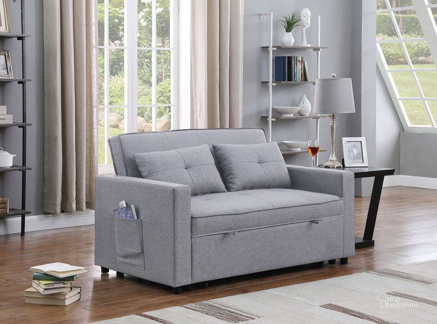 The appearance of Zoey Light Gray Linen Convertible Sleeper Loveseat with Side Pocket designed by Lilola Home in the modern / contemporary interior design. This light grey piece of furniture  was selected by 1StopBedrooms from Zoey Collection to add a touch of cosiness and style into your home. Sku: 81351LG. Product Type: Loveseat. Material: Linen. Image1