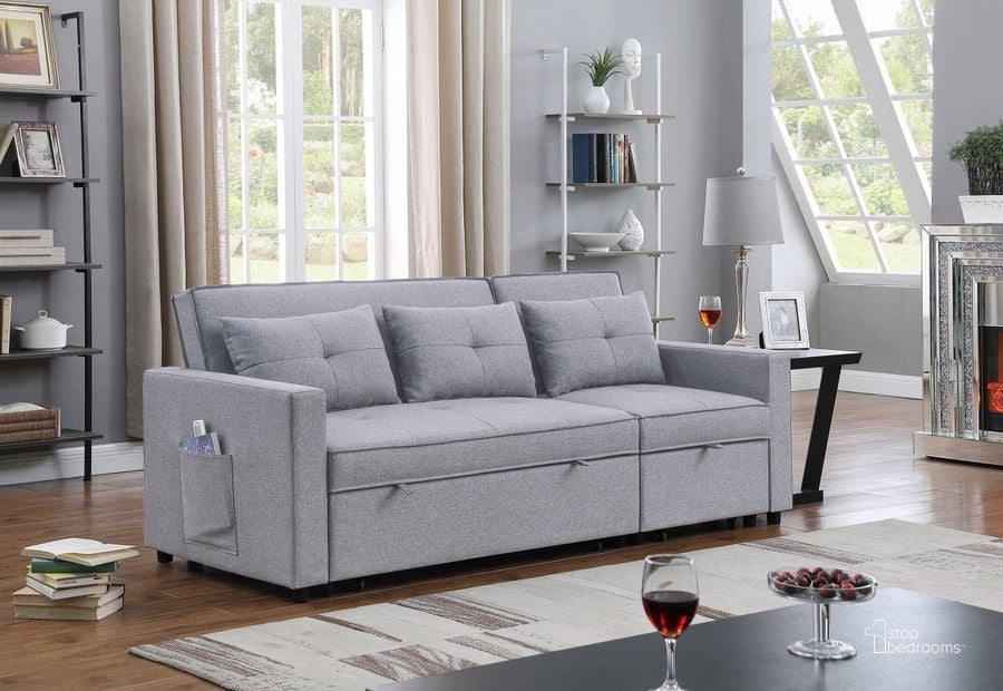 The appearance of Zoey Light Gray Linen Convertible Sleeper Sofa with Side Pocket designed by Lilola Home in the modern / contemporary interior design. This light grey piece of furniture  was selected by 1StopBedrooms from Zoey Collection to add a touch of cosiness and style into your home. Sku: 81350LG. Product Type: Sofa Sleeper. Material: Linen. Image1