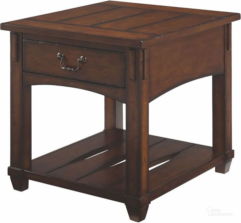 The appearance of Tacoma Medium Brown Rectangular Drawer End Table designed by Hammary in the traditional interior design. This brown piece of furniture  was selected by 1StopBedrooms from Tacoma Collection to add a touch of cosiness and style into your home. Sku: 049-915. Material: Wood. Product Type: End Table. Table Top Shape: Rectangular. Image1