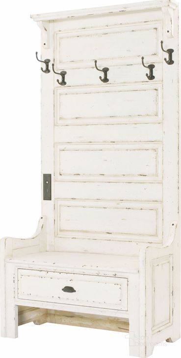 The appearance of Hidden Treasures Antique White Hall Tree designed by Hammary in the traditional interior design. This white piece of furniture  was selected by 1StopBedrooms from Hidden Treasures Collection to add a touch of cosiness and style into your home. Sku: 090-642. Material: Wood. Product Type: Hall Tree Chest. Image1