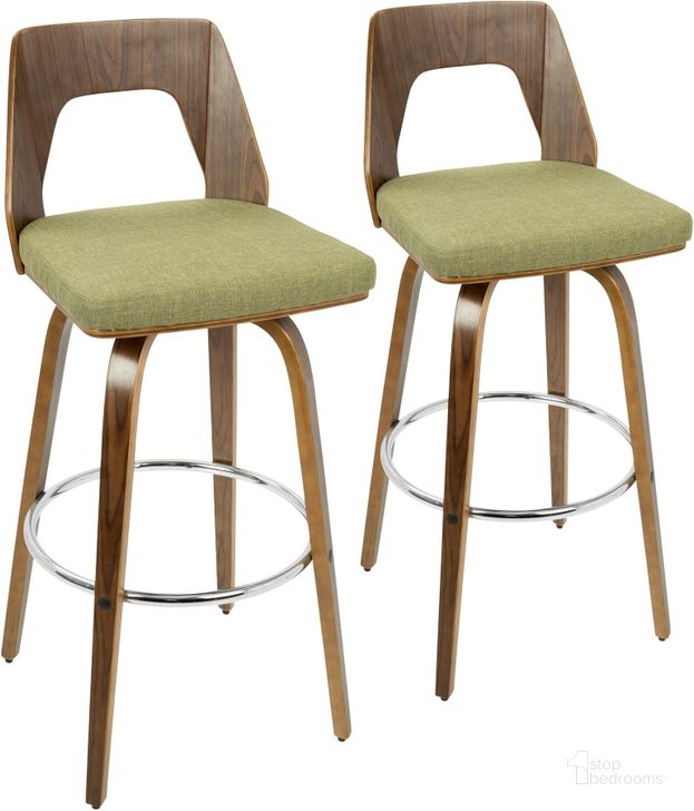 The appearance of Trilogy Modern Barstool in Walnut and Green Fabric - Set of 2 designed by Lumisource in the transitional interior design. This green piece of furniture  was selected by 1StopBedrooms from Trilogy Collection to add a touch of cosiness and style into your home. Sku: B30-TRILOR WLGN2. Material: Fabric. Product Type: Barstool. Image1