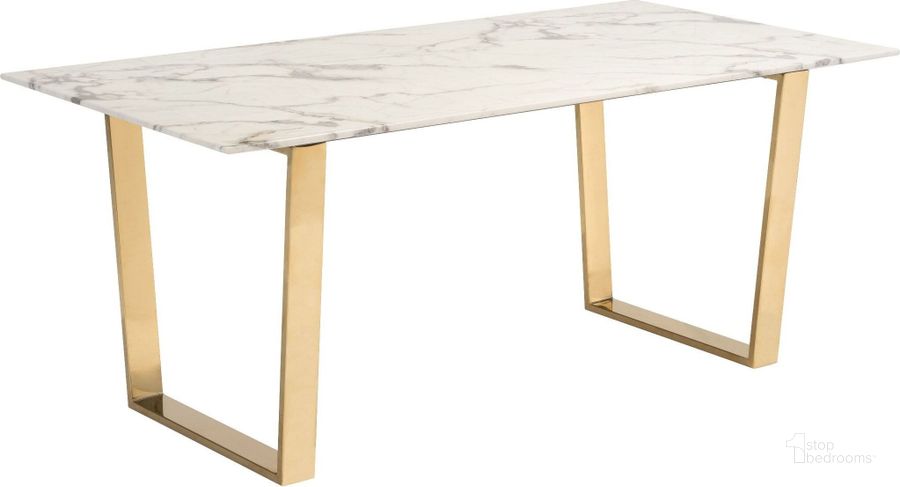 The appearance of Atlas Stone and Gold Dining Table designed by Zuo Modern in the modern / contemporary interior design. This white and gold piece of furniture  was selected by 1StopBedrooms from Atlas Collection to add a touch of cosiness and style into your home. Sku: 100652. Table Base Style: Double Pedestal. Material: Metal. Product Type: Dining Table. Table Top Shape: Rectangular. Size: 71". Image1