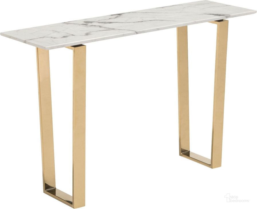 The appearance of Atlas Stone and Gold Console Table designed by Zuo Modern in the modern / contemporary interior design. This white and gold piece of furniture  was selected by 1StopBedrooms from Atlas Collection to add a touch of cosiness and style into your home. Sku: 100654. Material: Metal. Product Type: Console Table. Table Top Shape: Rectangular. Image1